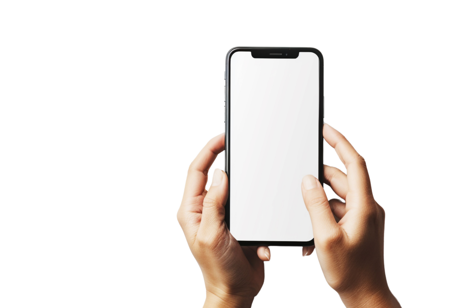 Hand holding a Smartphone mockup with a white screen with Transparent background png