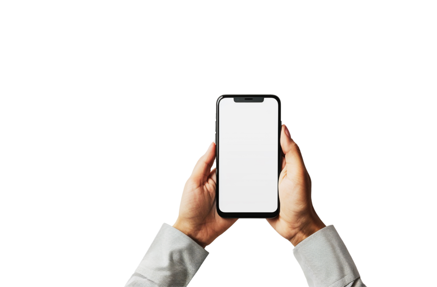 Hand holding a Smartphone mockup with a white screen with Transparent background png