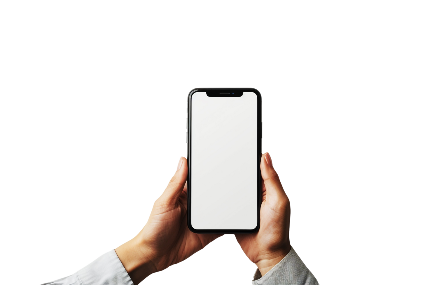 Smartphone mockup with a Transparent background, female hand holds a Mobile phone with blank screen, png