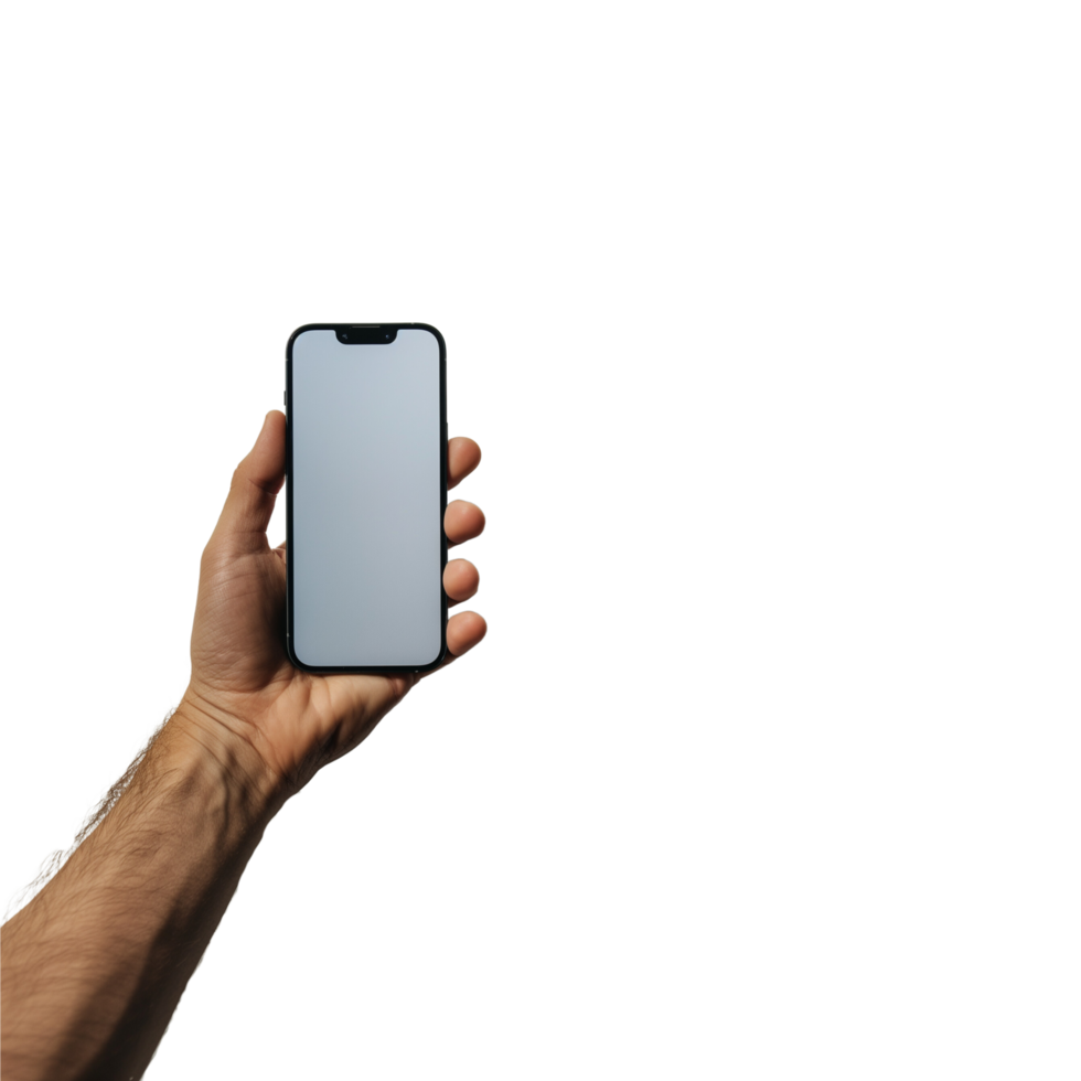 Man Hand holding smartphone mockup with white screen on Transparent background png