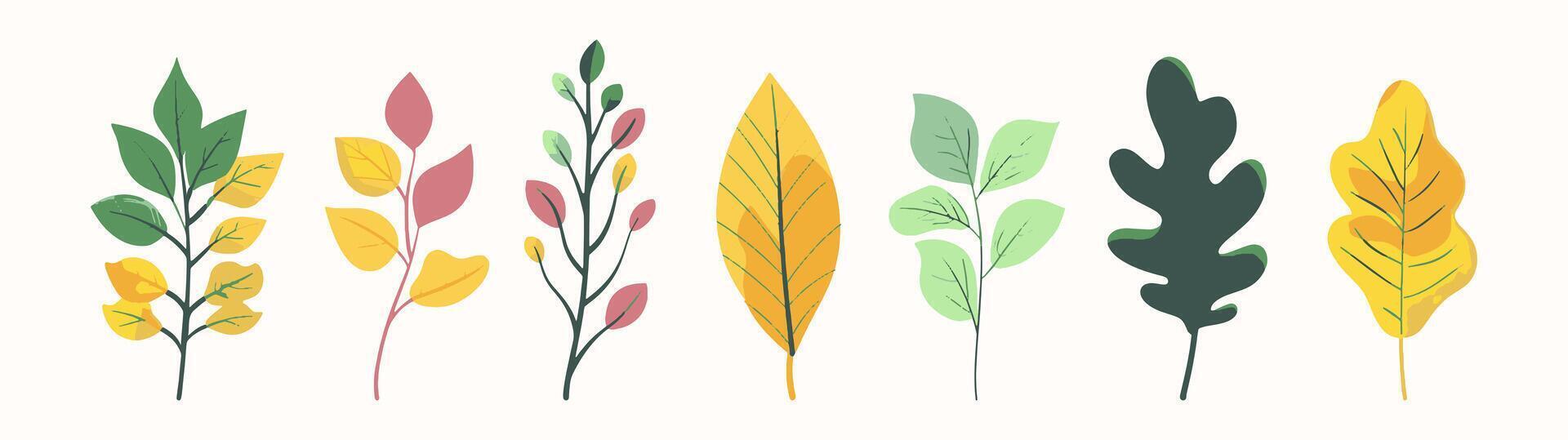 Tree collection hand drawn flat design element. botanical set of bare trees and ones with leaves and lush limited pastel color vector