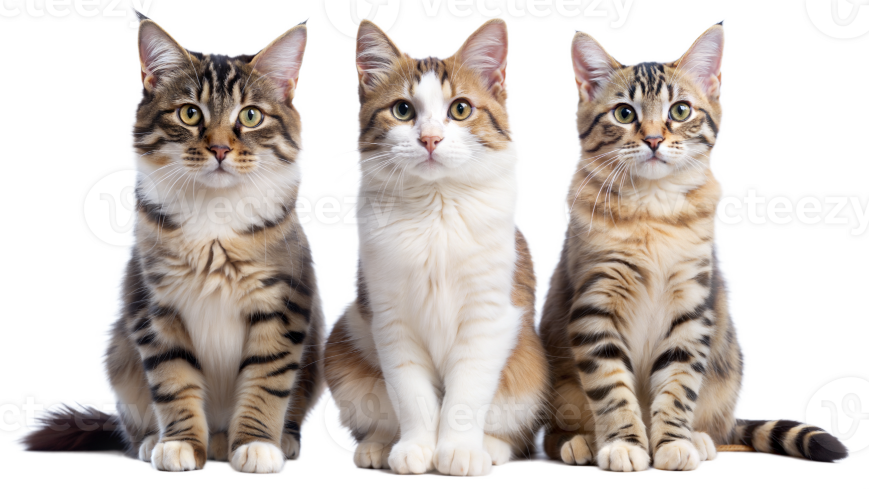 Three cats are sitting in a row, with one of them being a calico png