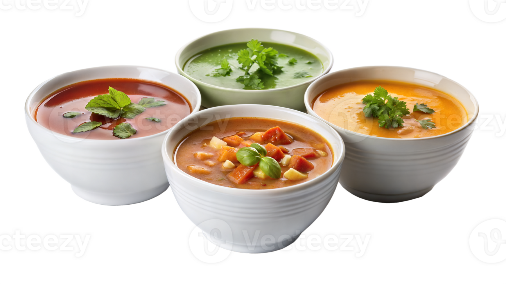 Four bowls of soup with different colors and garnishes png