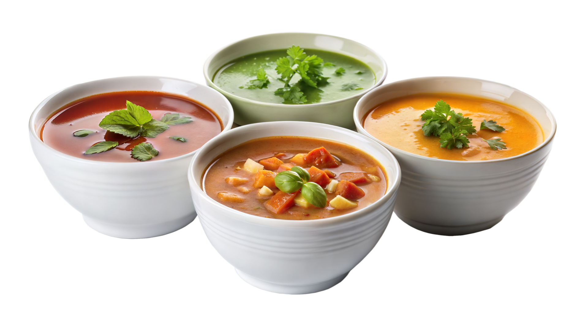 Four Bowls Of Soup With Different Colors And Garnishes 47554318 PNG Four Bowls Of Soup With Different Colors And Garnishes Png