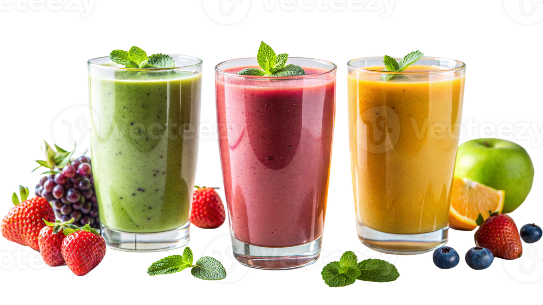 Three different colored smoothies are lined up on a table with fruit and mint png