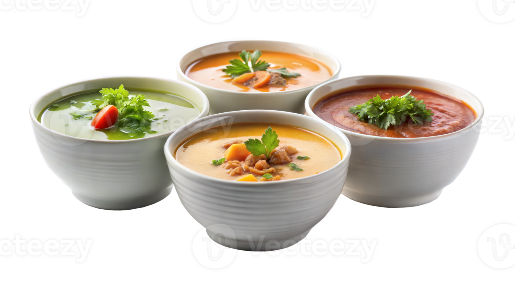 Four bowls of soup with different colors and garnishes png