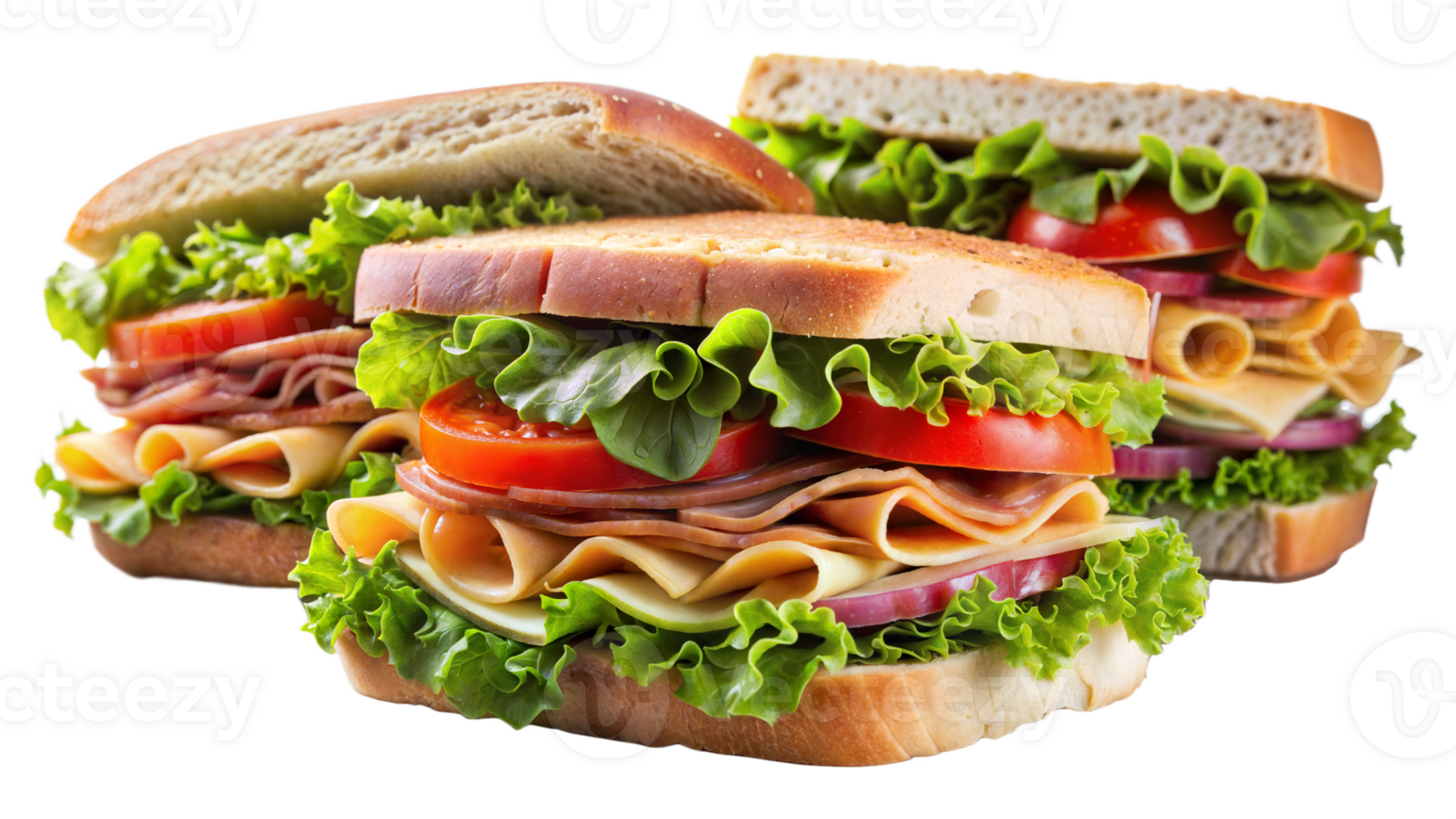 Three sandwiches with lettuce and tomato on them png