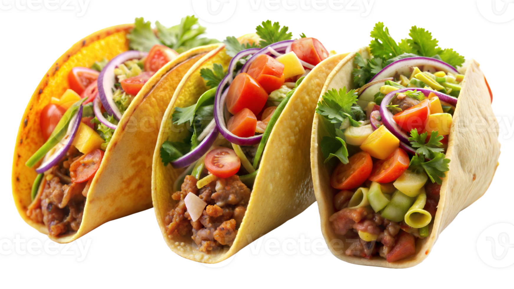 Three tacos with lots of vegetables and meat png