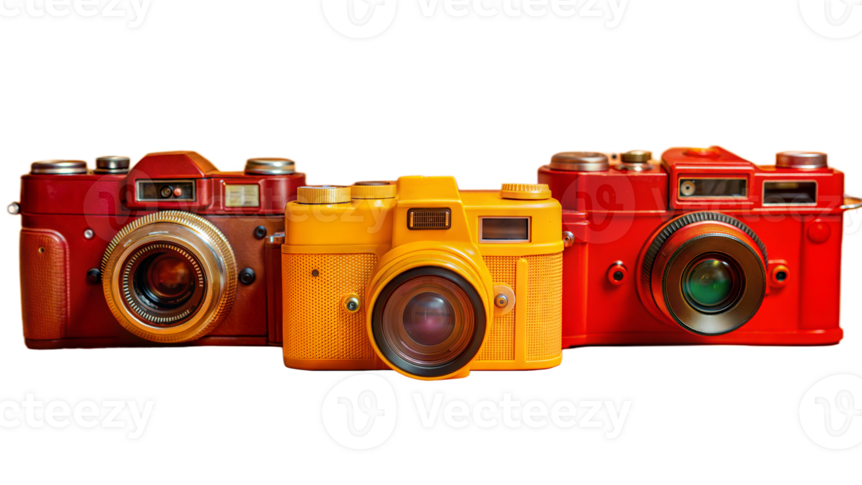 Three cameras of different colors are lined up on a transparent background png
