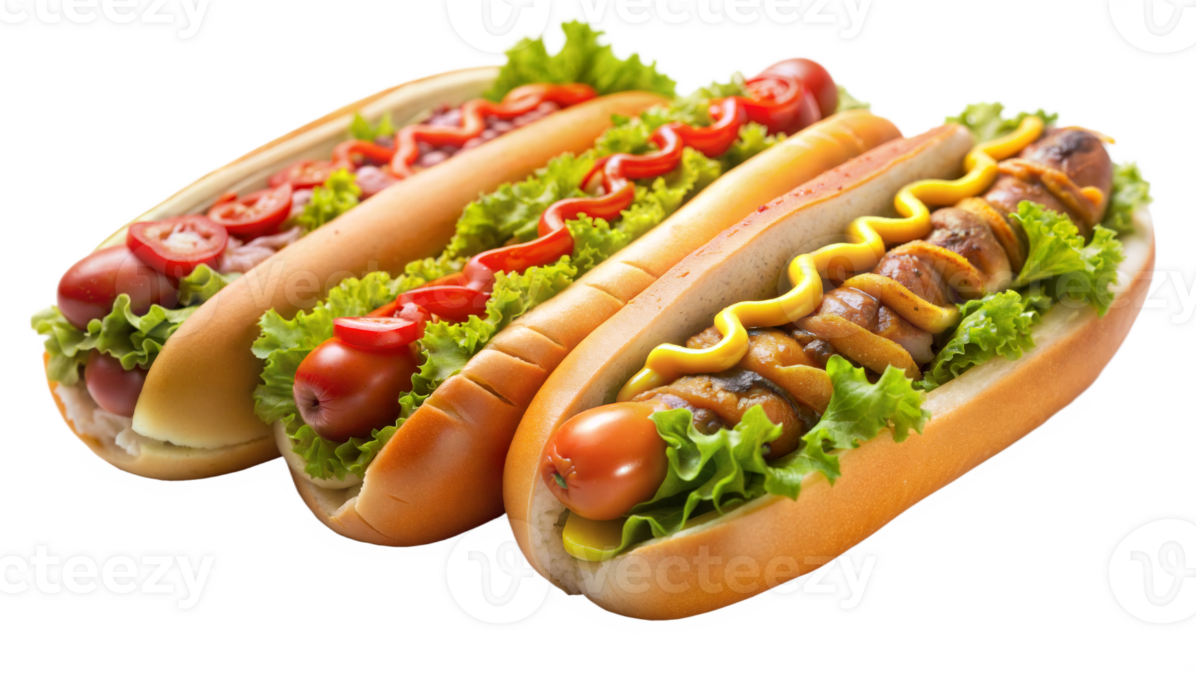 Three hot dogs with different toppings are displayed on a transparent background png