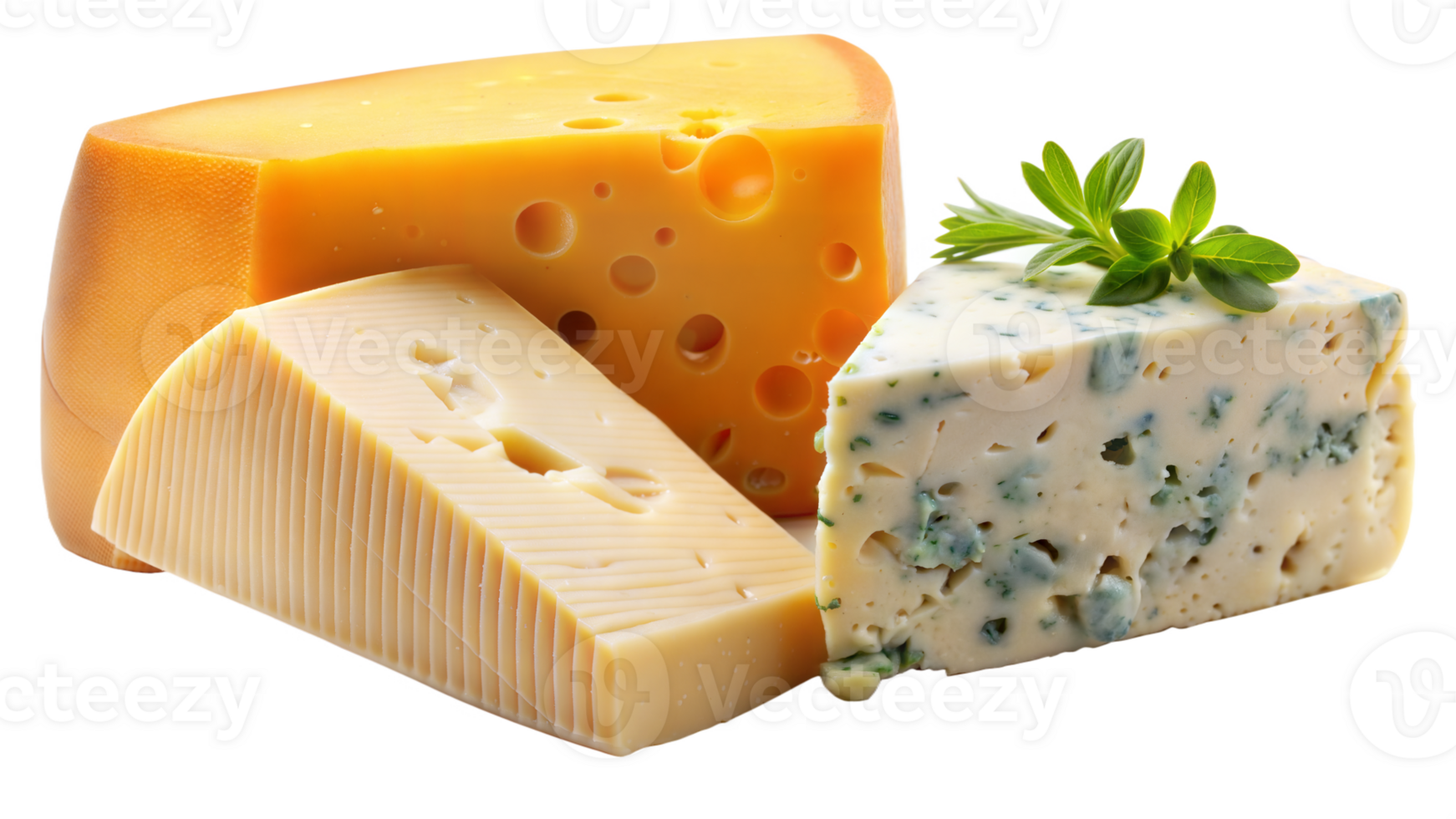 A close up of four different types of cheese, including a wedge of blue cheese png