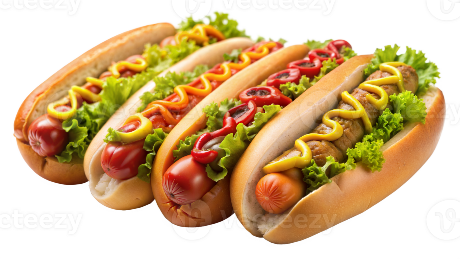 A row of hot dogs with mustard and lettuce on them png