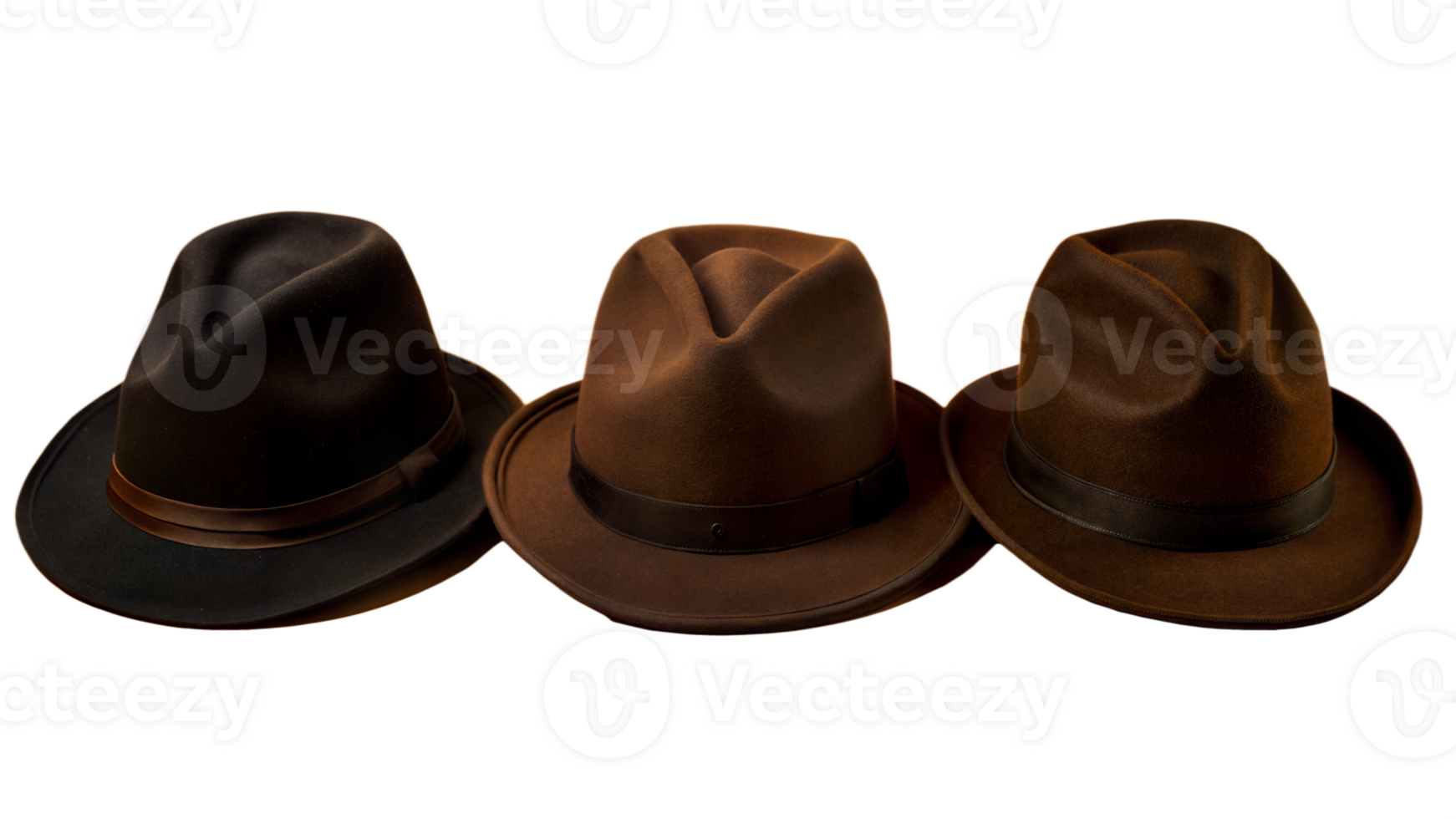 Three hats are lined up on a transparent background png