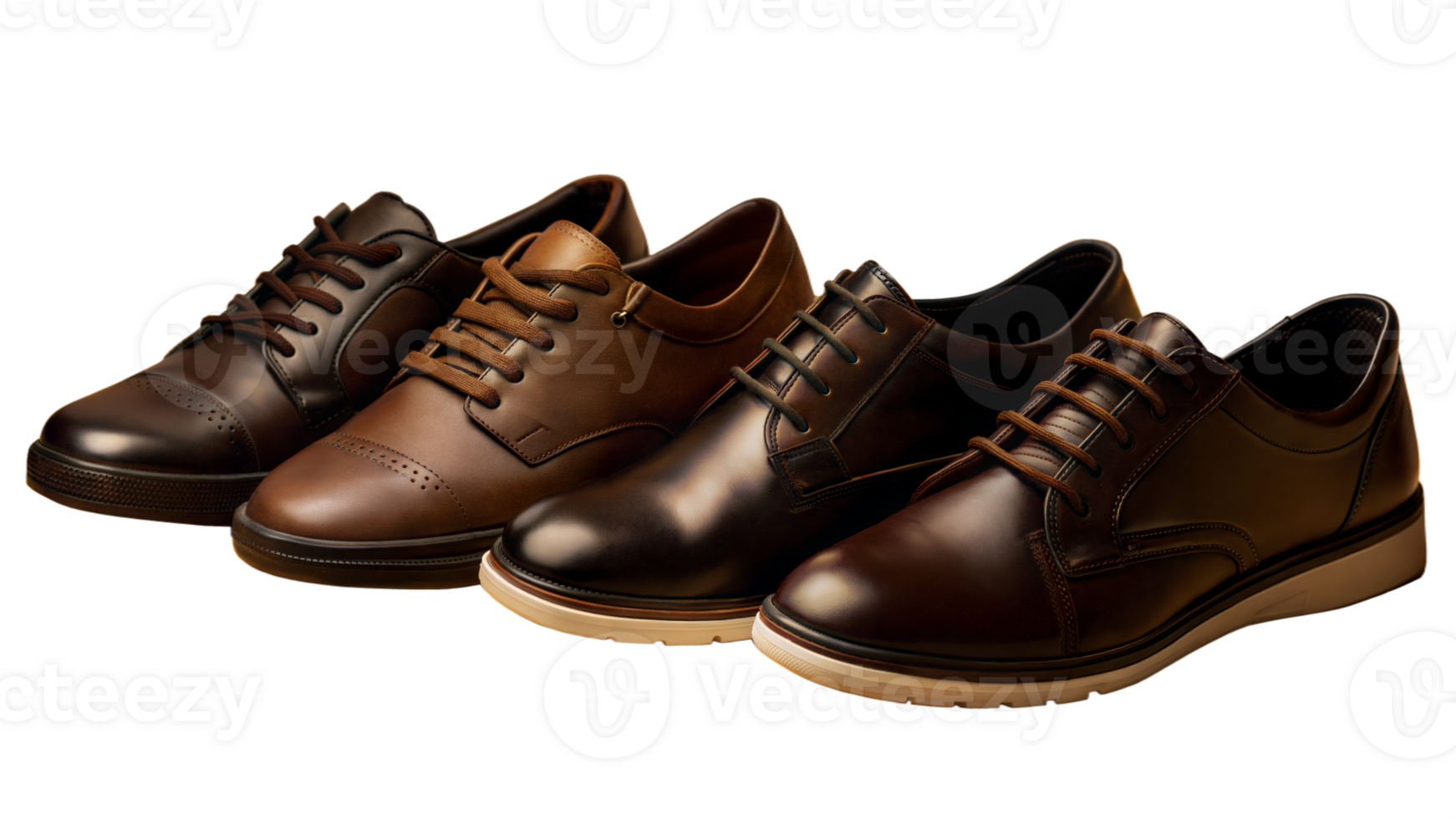 Four brown shoes are lined up next to each other png