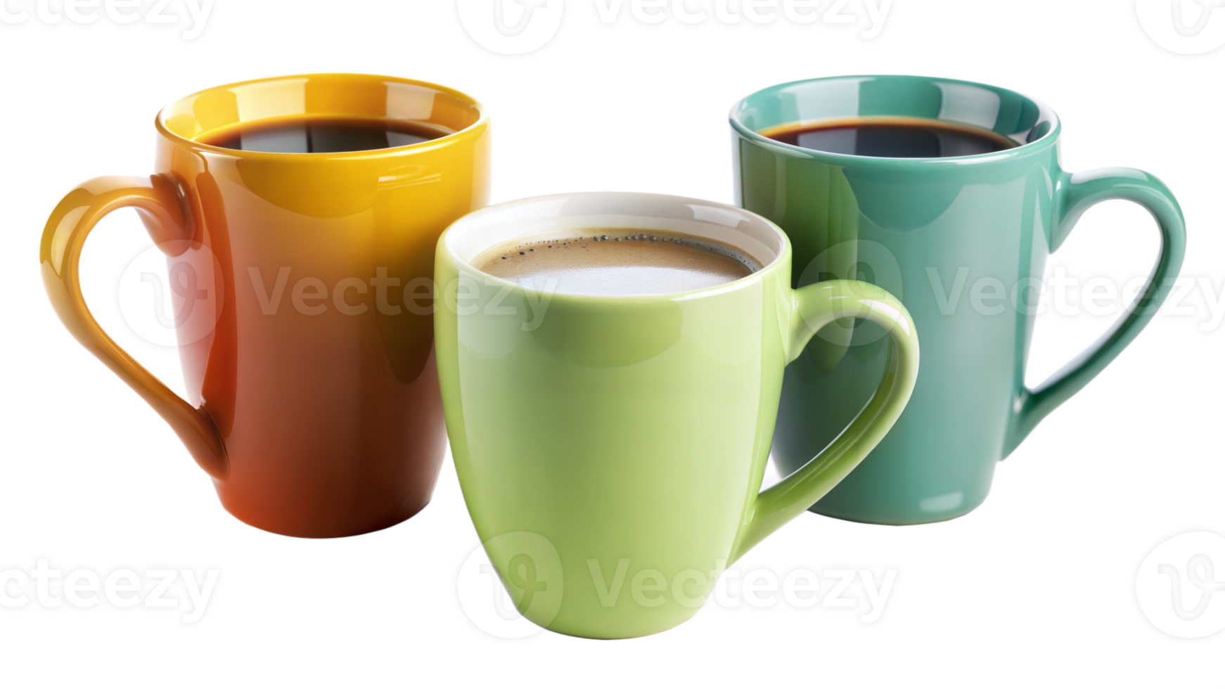 Three cups of coffee with different colors png