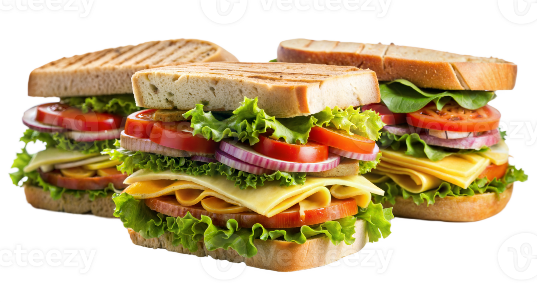 Three sandwiches with lots of lettuce and tomatoes png