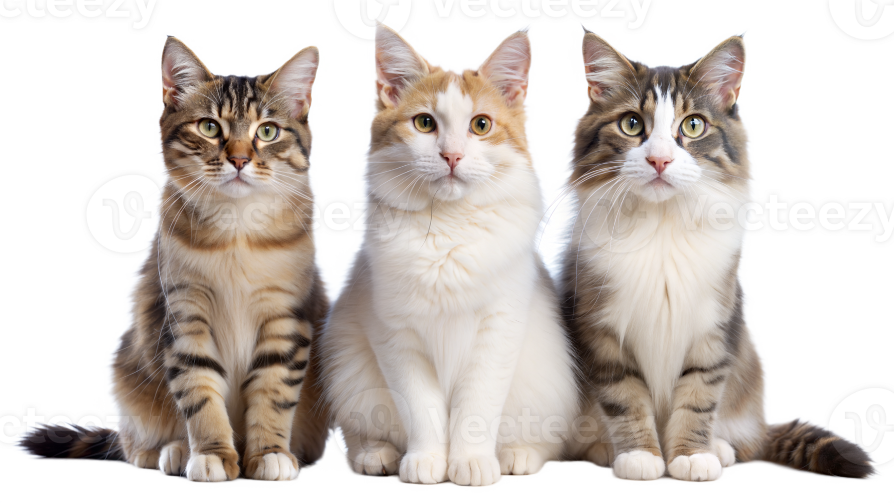 Three cats are sitting on a transparent background png