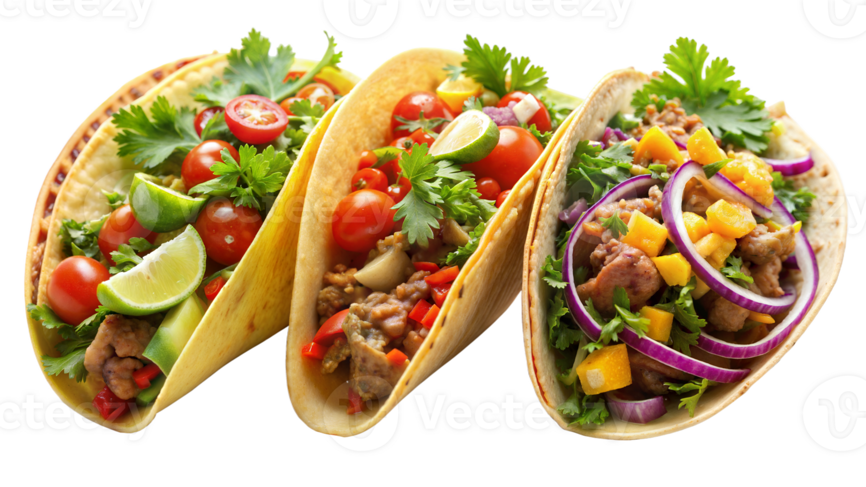 Three tacos with different fillings and garnishes png