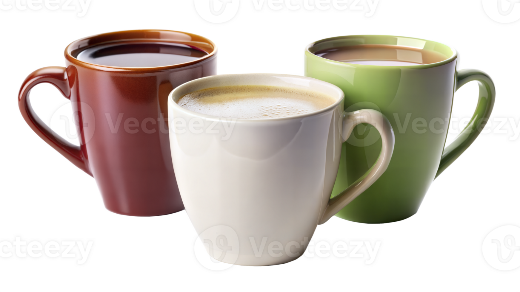 Three coffee cups of different colors sit on a transparent background png