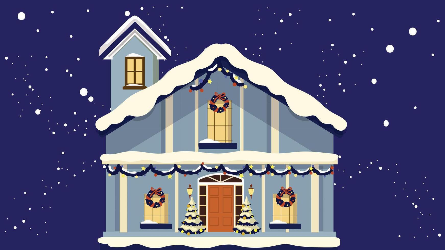 Snowy Christmas house in new year's eve with snowflakes illustration vector