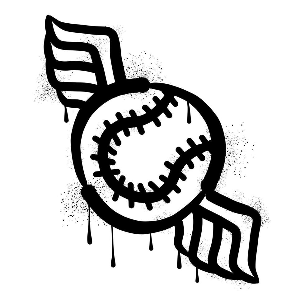 Baseball ball and wings with black spray paint graffiti vector