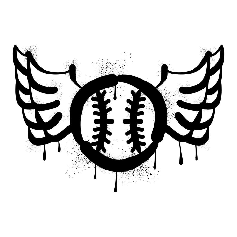 Baseball ball and wings with black spray paint graffiti vector