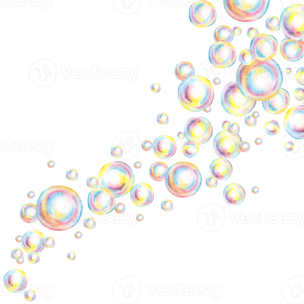 Soap bubbles of different sizes watercolor illustration. Soap suds, summer games, bath time, carnival, bubble party. Ideal for art projects, children's books, greeting cards png