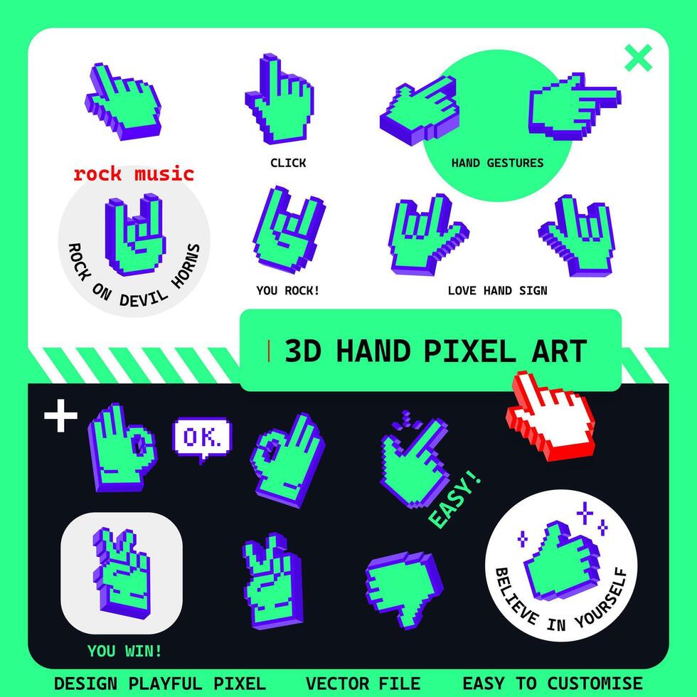MUSIC PARTY 3D Hand Pixel Art Icon Sticker, such as ok, easy to use, you win, victory, thumbs up. Unique style icons collection. vector