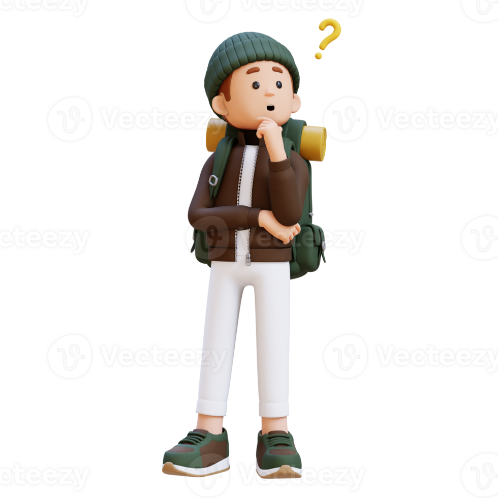 3D Traveller Character Confused and Thinking Pose png