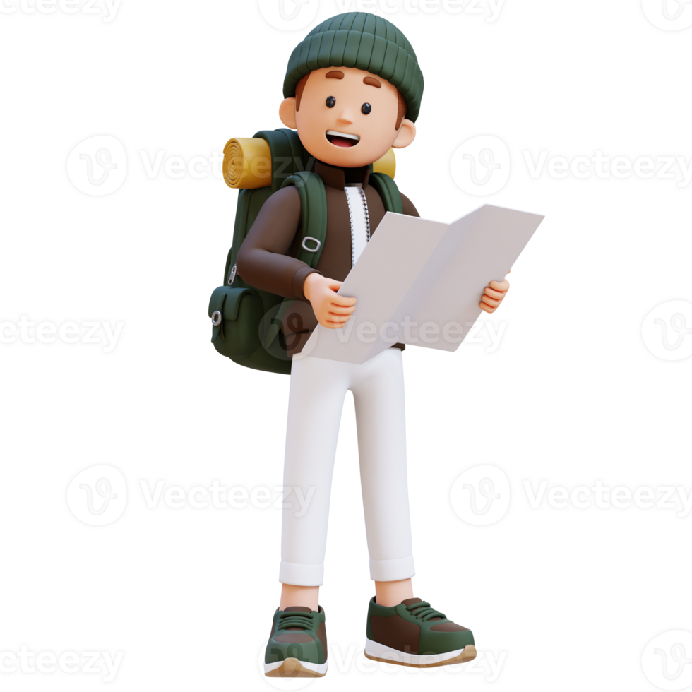 3D Traveller Character Standing and Holding Map png