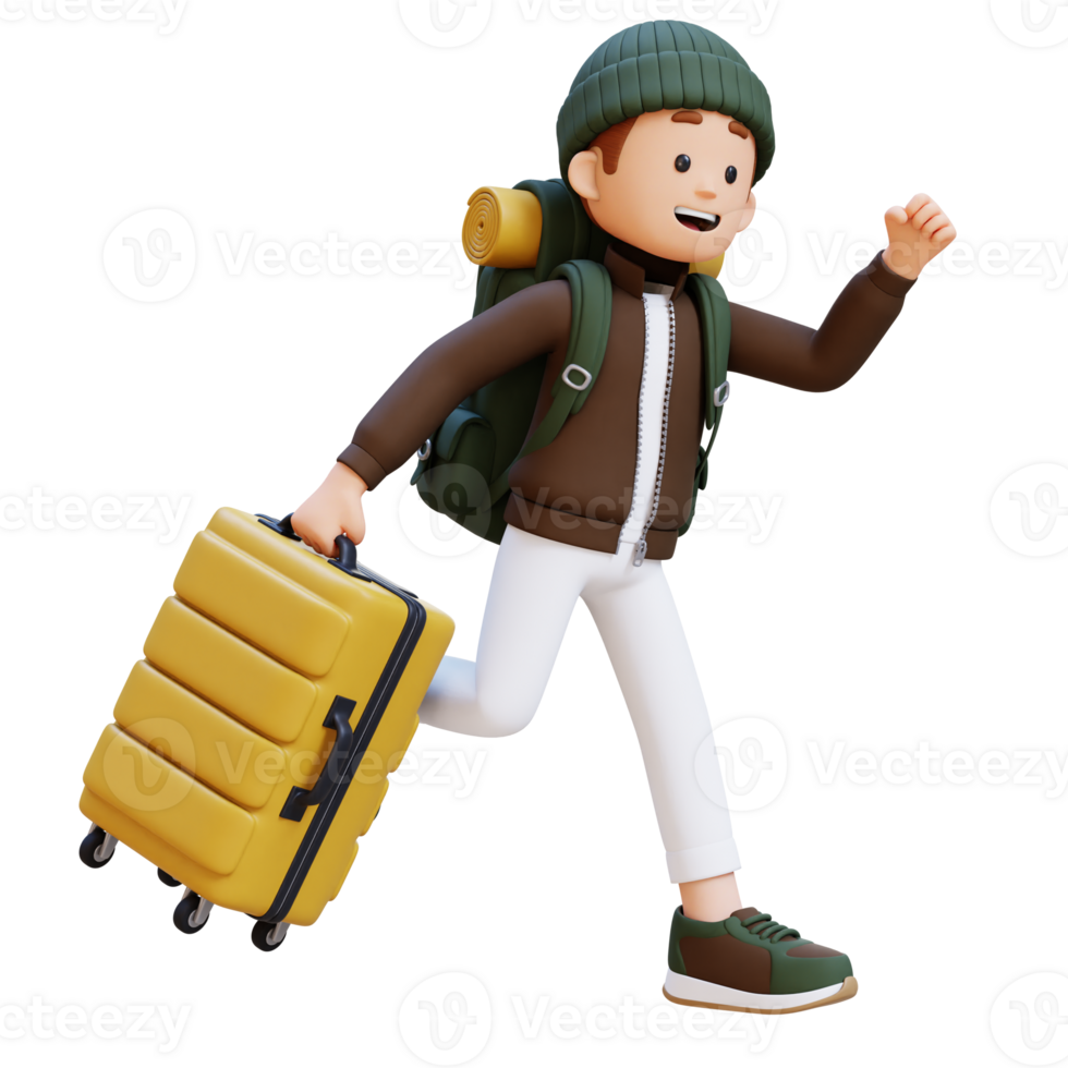 3D Traveller Character Running with Suitcase png