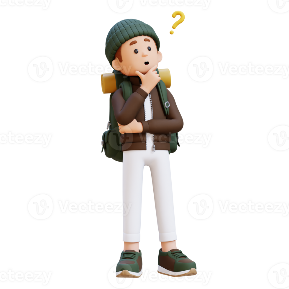 3D Traveller Character Confused and Thinking Pose png