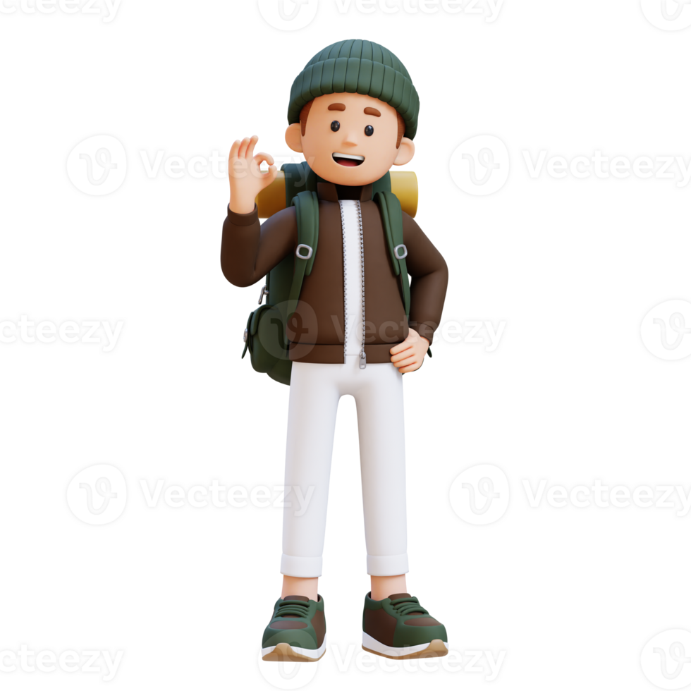 3D Traveller Character with OK Sign Hand Pose png