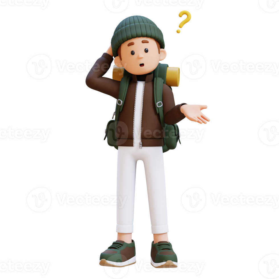 3D Traveller Character Confused and Thinking Pose png