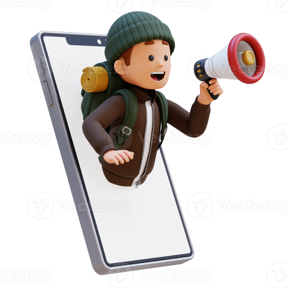 3D Traveller Character Jump from Phone Screen with Megaphone png