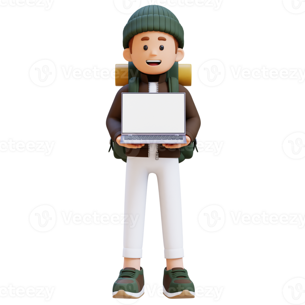 3D Traveller Character Holding Laptop with Empty Screen png