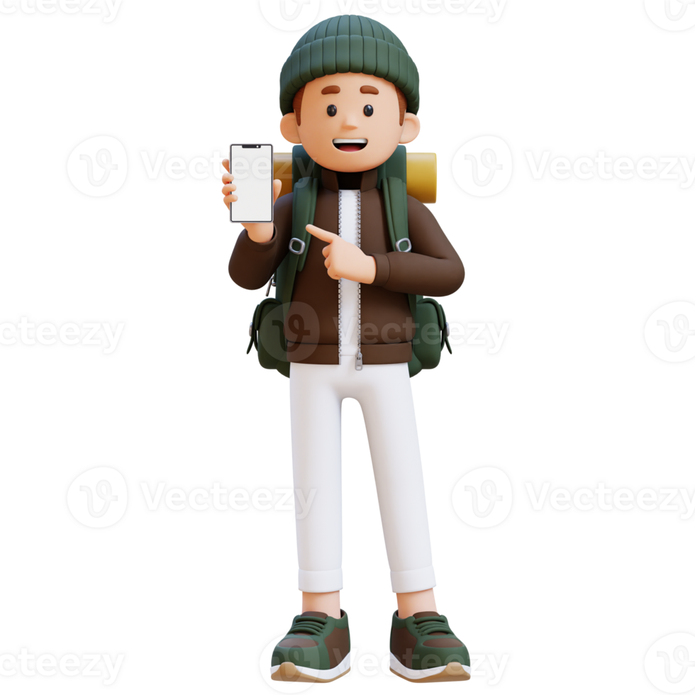 3D Traveller Character Pointing to Empty Phone Screen png
