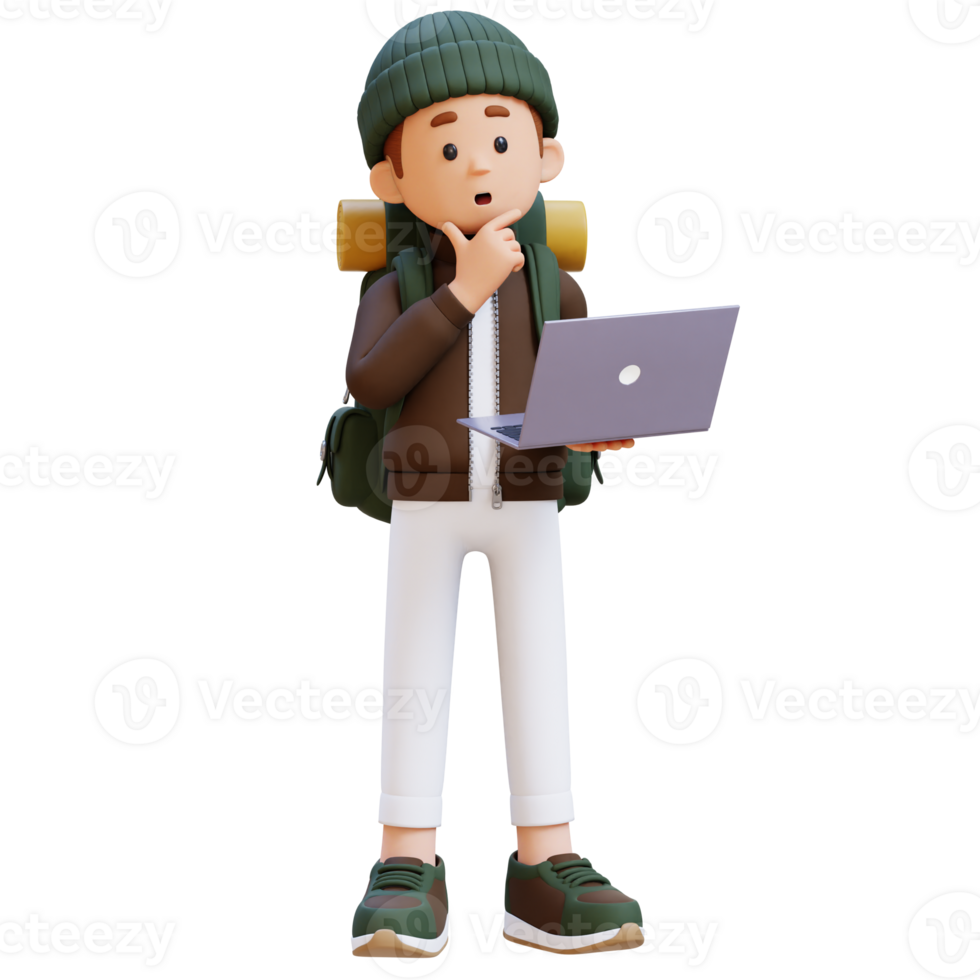 3D Traveller Character Thinking While Working on a Laptop png