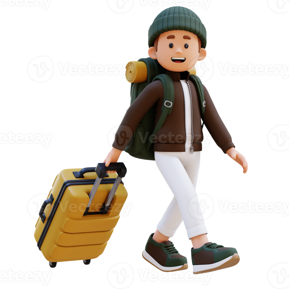 3D Traveller Character Walking and Pull Suitcase png