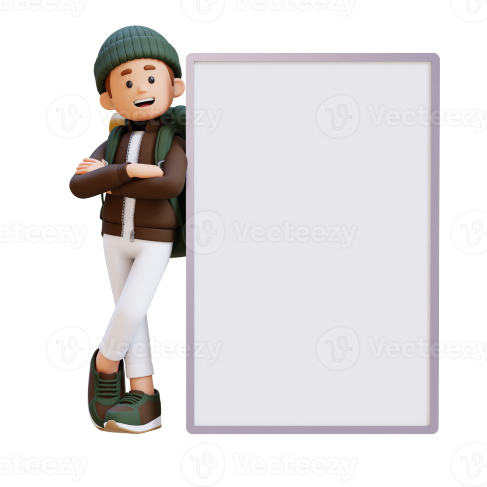 3D Traveller Character Lying on Blank Placard in Crossed Arm Pose png
