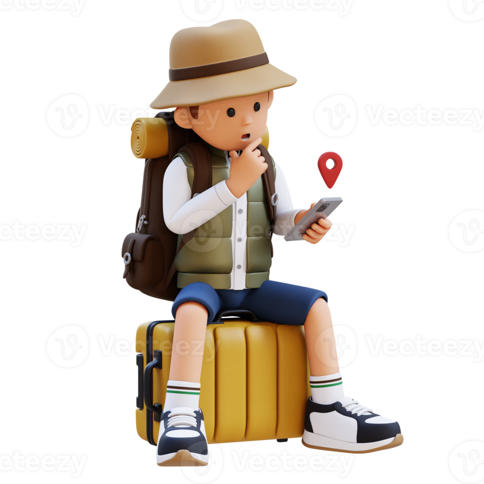 3D Traveller Character Sitting on a Suitcase and checking the GPS Location on smart phone png