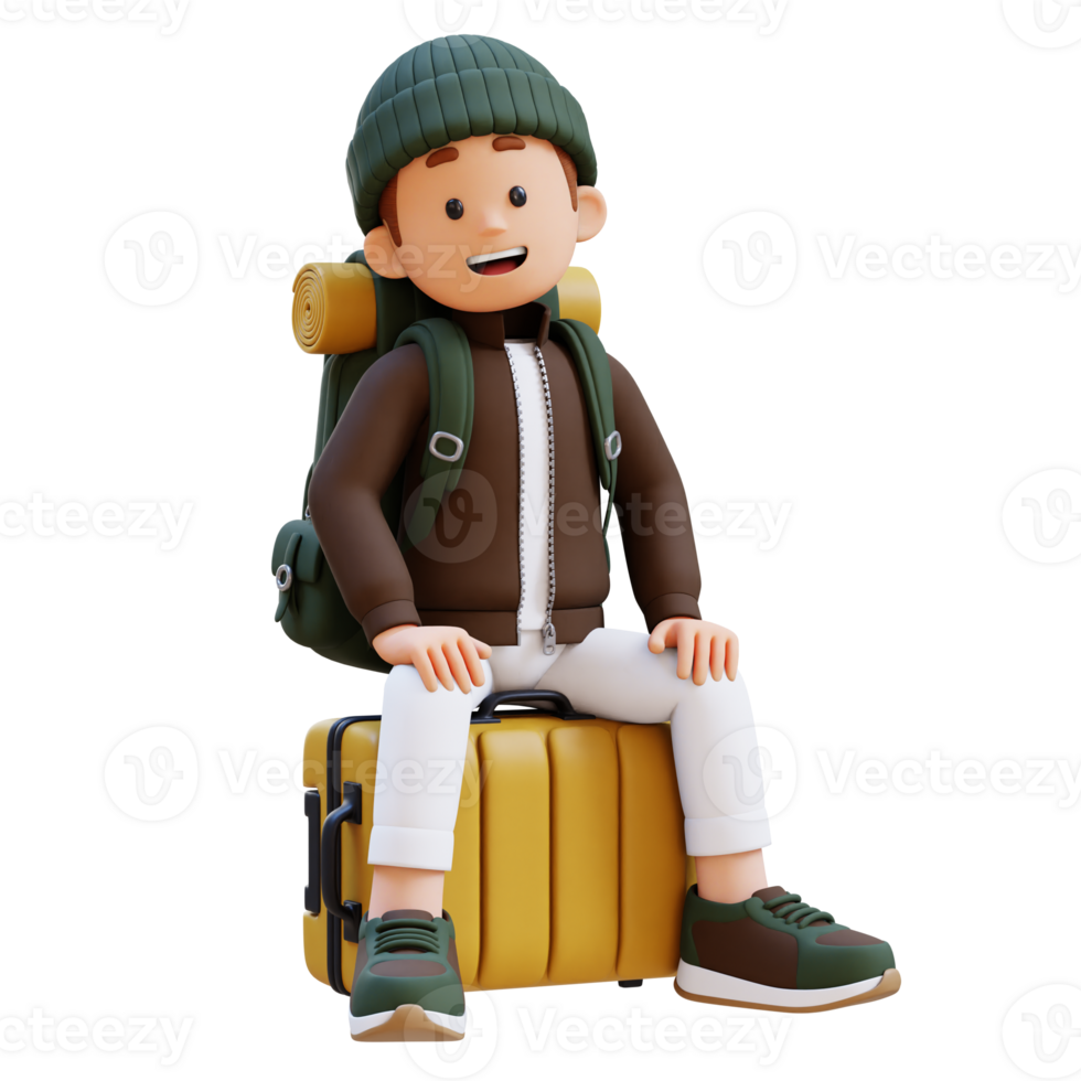 3D Traveller Character Sitting on a Suitcase png