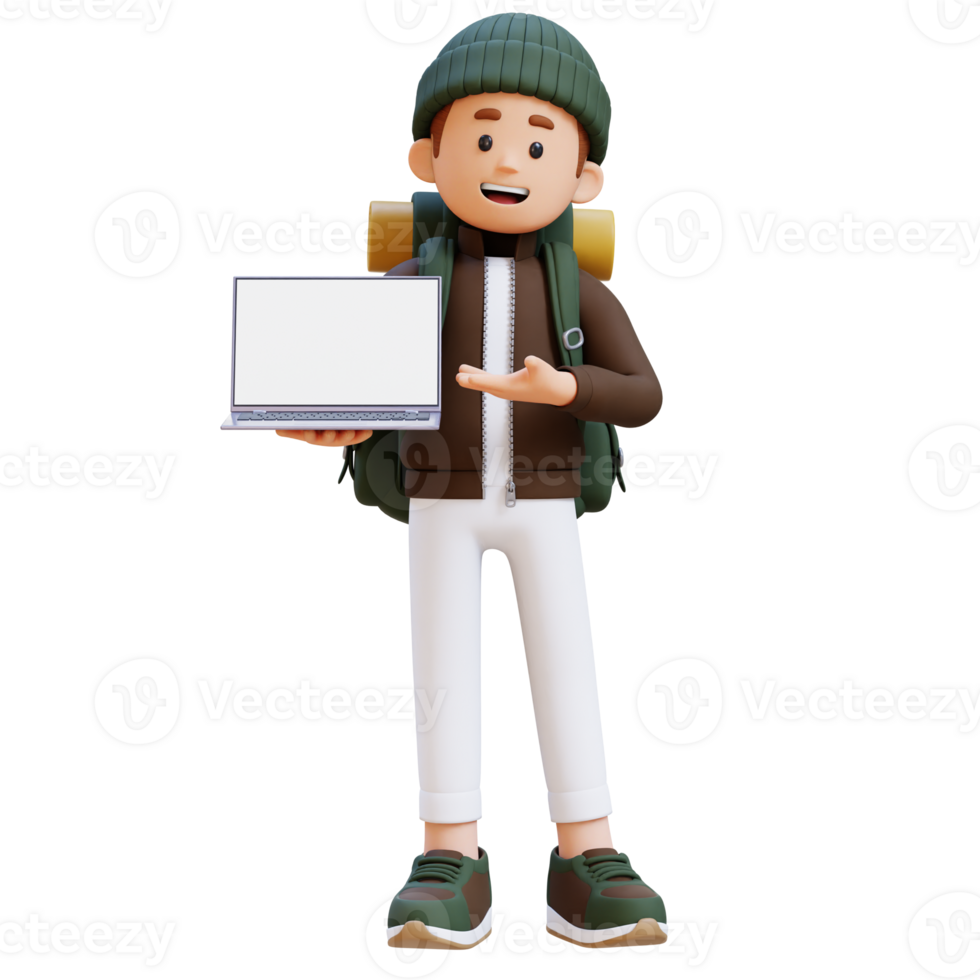 3D Traveller Character Presenting on Empty Computer Screen png