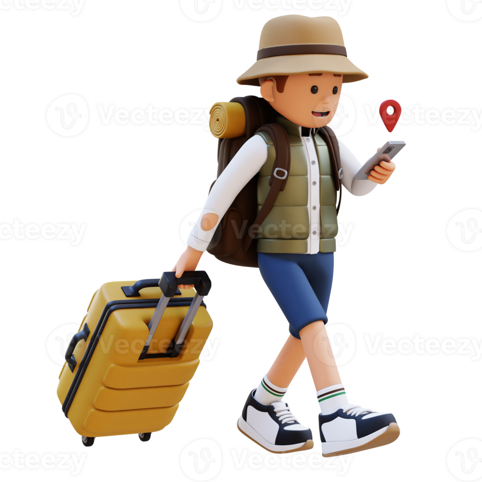 3D Traveller Character Checking Map on Phone while Walking and Pull Suitcase png