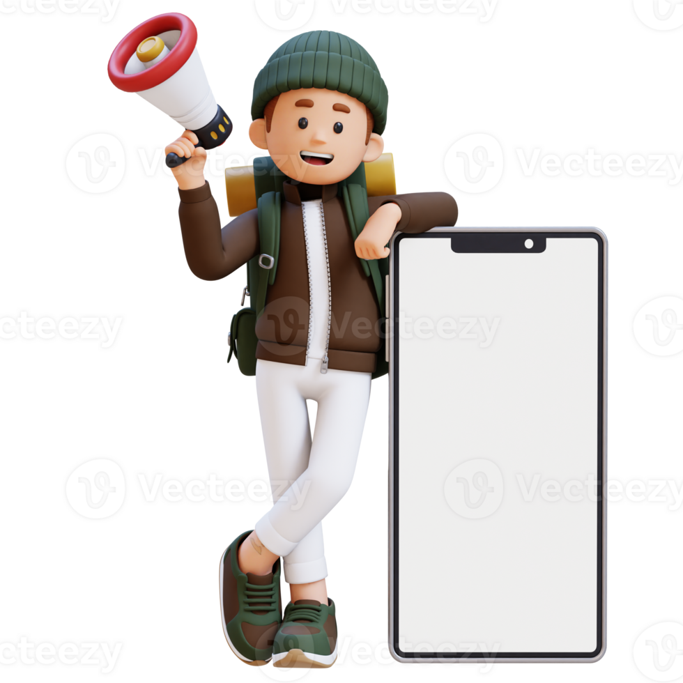 3D Traveller Character Holding Megaphone and Lying on Big Empty Phone Screen png