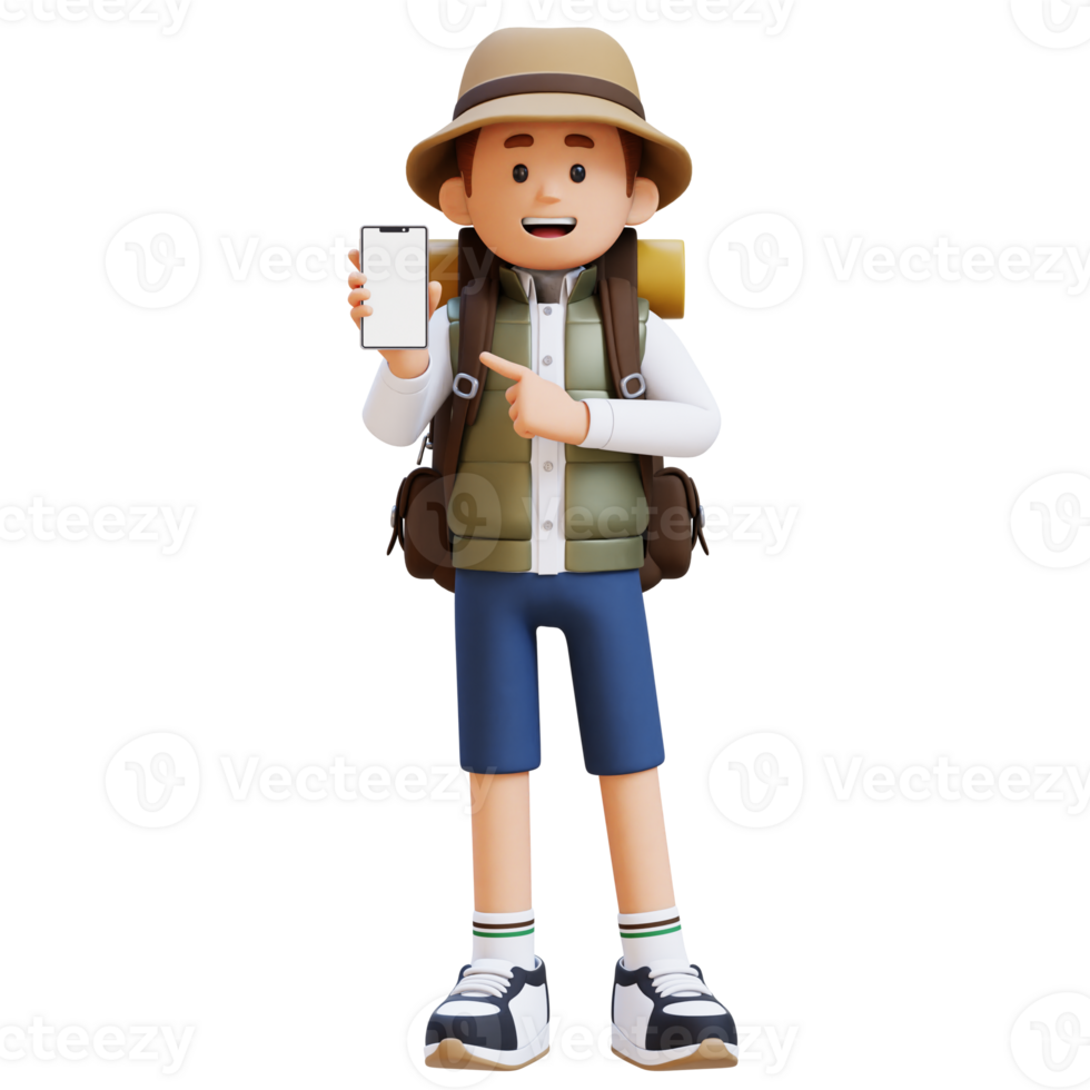 3D Traveller Character Pointing to Empty Phone Screen png