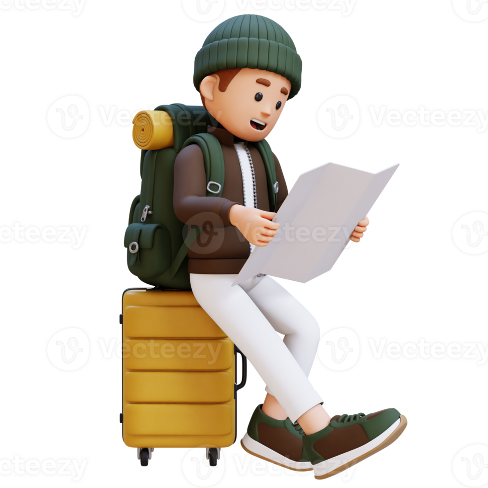 3D Traveller Character Sitting on a Suitcase and Checking the Map png