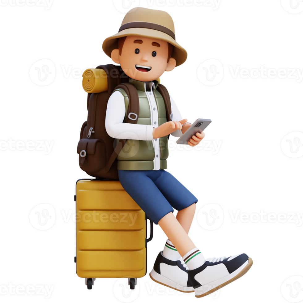 3D Traveller Character Sitting on a Suitcase and holding smart phone png