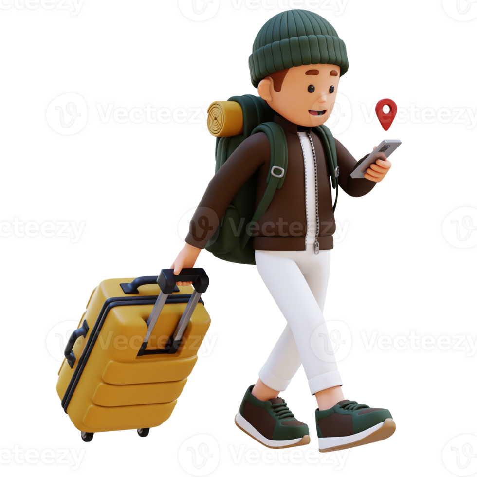 3D Traveller Character Checking Map on Phone while Walking and Pull Suitcase png