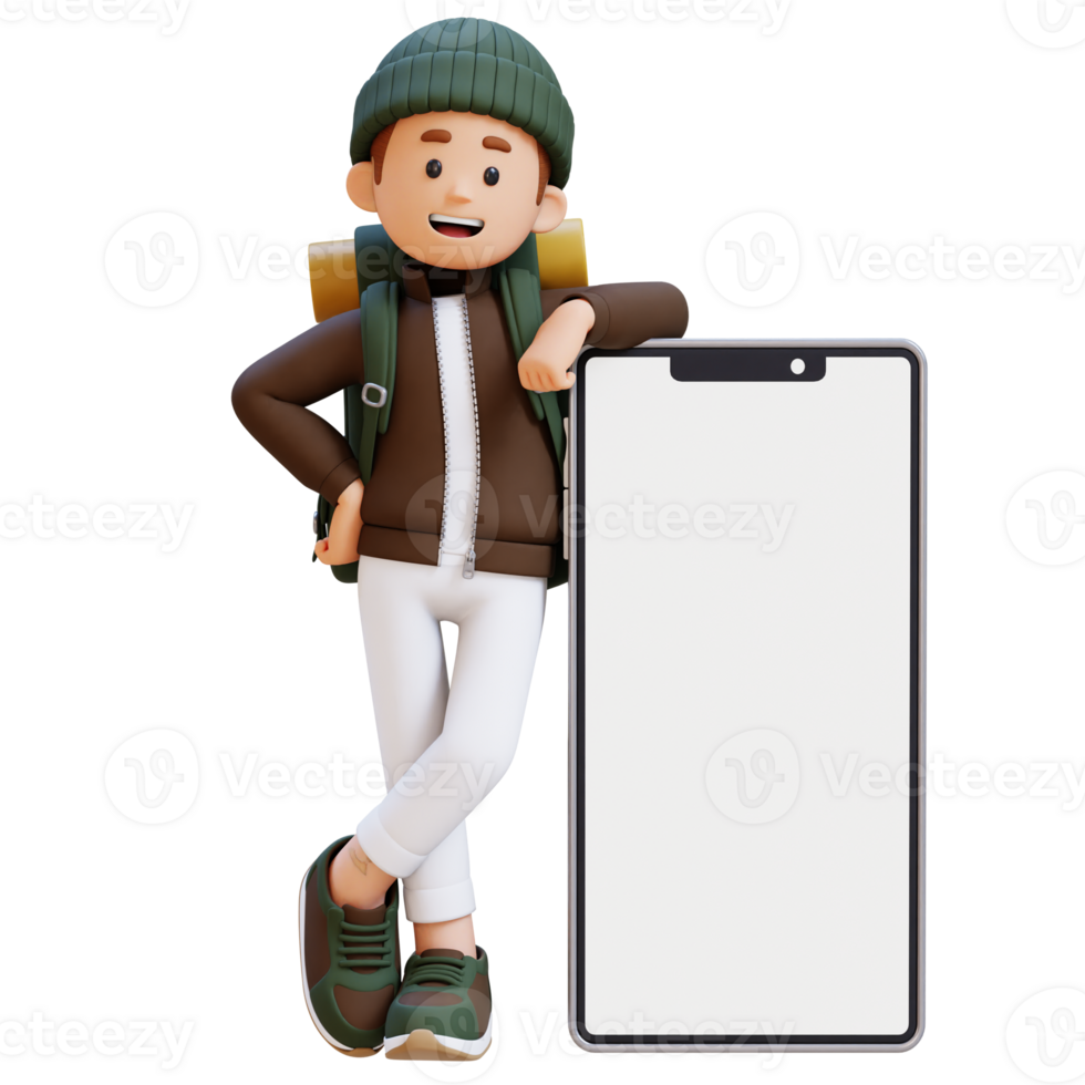 3D Traveller Character Lying on Large Empty Phone Screen png
